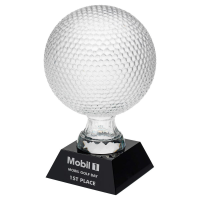 Suppliers Of Glass Golf Ball Award on black glass base - 2 sizes In Hertfordshire