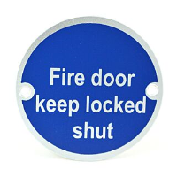 Round Fire Sign "Fire Door Keep Locked" 75mm Stainless Steel