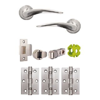 Jigtech Vecta Levers,57mm Latch & 3x Hinge Door Pack Satin Chrome