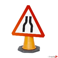 'Road Narrows Both Sides' - UK Temporary Road Sign: Cone Mounted