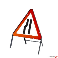 Road Narrows Left - Triangular UK Temporary Road Sign: Metal Frame