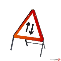  Two Way Traffic - Triangular UK Temporary Road Sign: Metal Frame 