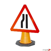  Road Narrows Left - UK Temporary Road Sign: Cone Mounted