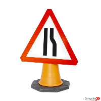  Road Narrows Right - UK Temporary Road Sign: Cone Mounted