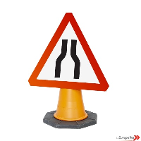 'Road Narrows Both Sides' - UK Temporary Road Sign: Cone Mounted Distributors