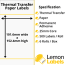 101.6 x 152.4mm Thermal Transfer Paper Labels With Permanent Adhesive on 25mm Cores For Amazon UK Sellers