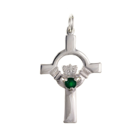  925 Sterling Silver Claddagh and Green Agate Cross 38 x 20mm with Optional Hanging Chain