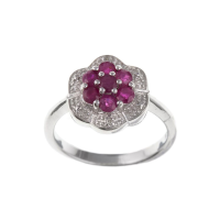  925 Sterling Silver Real Ruby and Diamond 12mm Cluster Dress Ring