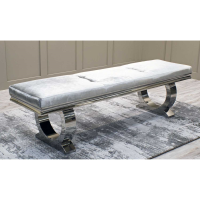 Arianna Large Pewter Silver Velvet Dining Bench 180cm Rounded Polished Stainless Steel Base