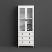 Modern White 2 Glass Door And 3 Drawer Cabinet With Brown Leather Handles 199 x 77.85cm
