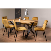 Rustic Oak Dining Table Set with 6 Mustard Yellow Velvet Fabric Chairs