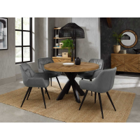 Rustic Oak Small 4 Seater 125cm Round Dining Room Table Set 4 Grey Velvet Fabric Chairs