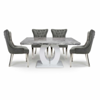 Neptune Marble Top Medium Table and 4 Lionhead Grey Chairs with Silver Legs Dining Set
