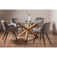 Glass 120cm 4 Seater Kitchen Round Dining Table Set Cross Oak Legs Grey Velvet Chairs