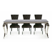 Fabien Modern Grey Marbled Glass Top 200cm Kitchen Dining Table Polished Metal Legs