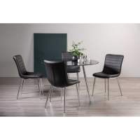 Modern Black Marble Effect Glass Round Dining Table and 4 Chairs Set Black Faux Leather Chairs 120cm Diameter