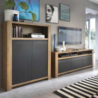 Modern Large Wide Lefkas Oak And Matt Black 2 Door And 1 Drawer TV Unit 65.5 x 160cm