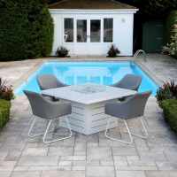 White Square Outdoor Garden Patterned Dining Table With Fire Pit Metal Framed Glass Top
