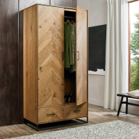Rustic Oak Double 2 Door Wardrobe 1 Drawer Chevron Design Metal Base 100cm Wide