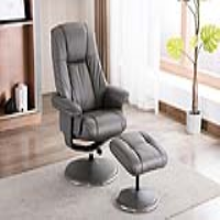Modern Swivel Recliner Chair and Footstool Set Grey Leather Chrome Base