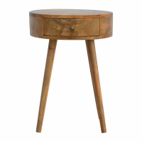Modern Mango Wood Sleek Round Single Drawer Oak Bedside Table Cabinet Nightstand
