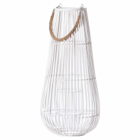 Large Scandinavian White Floor Standing Domed Wicker Lantern with Rope Detail 60x28cm