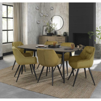 Modern Weathered Oak Dining Table Set with 6 Mustard Yellow Velvet Fabric Chairs