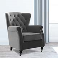 Darby Grey Velvet Fabric Deep Buttoned Wing Back Chair with Scrolled Arms