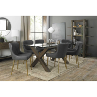 Modern Glass Top 6 Seater Dining Table Set Dark X Oak Legs 6 Grey Faux Leather Chairs