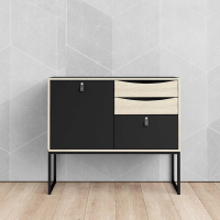 Modern Matt Black And Light Oak 1 Door 3 Drawer Living Room Sideboard 86.6x98.7cm