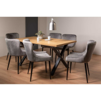 Rustic Oak 6 Seater Dining Table Set with 6 Grey Velvet Fabric Chairs