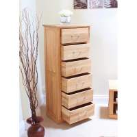 Solid Light Oak Slim Tallboy 6 Drawer Tall Chest of Drawers Storage Chest