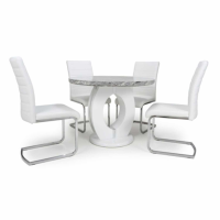 Neptune Marble Top Small Round Dining Table and 4 Callisto White Leather Chairs Dining Set
