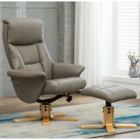 Modern Comfy Grey Leather Swivel Recliner Armchair with Footstool Natural Wood Base