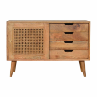 Elegant Living Room Oak Finish Ratten 4 Drawer Cabinet With Nordic Style Legs 60x90cm