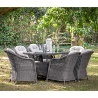 Grey Rattan Outdoor Garden Oval Dining Set 6 Seater Glass Top with Cushions