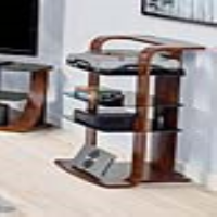 Modern 3 Shelf Entertainment Media Stand Curved Wood Walnut Framed and Piano Black Glass Shelves