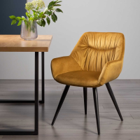 Upholstered Mustard Velvet Fabric Kitchen Dining Arm Chair Pleated Back Pattern Black Legs