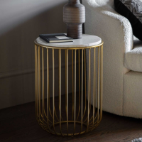 Gold Brass Finish Metal Cage Style Framed Side Table White Marble Top