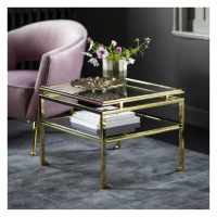 Modern Square Gold Metal and Glass Framed Side Table with Lifted Shelf 57x46cm