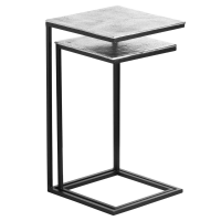 Textured Cast Polished Aluminium Silver Nest of 2 Sofa Side Tables Matt Black Metal Frame
