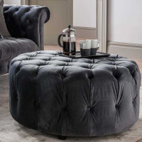 Darby Grey Velvet Fabric Upholstery Round Footstool Deep Buttoned 90cm Diameter