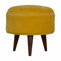 Scandinavian Round Solid Walnut Mango Wood Footstool with Mustard Velvet Seat 45cm Diameter