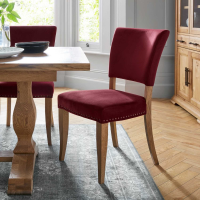 Pair of Rustic Oak Dining Chairs Crimson Red Velvet Fabric Upholstery Stud Edge Detail
