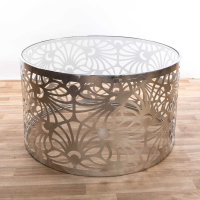 Gin Shu Metal Coffee Table Silver Gilt Leaf Patterned Cutout Round Drum Shaped 81cm Dia