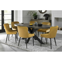 Dark Oak 6 Seater Kitchen Oval Dining Table Set Cross Legs 6 Mustard Velvet Fabric Chairs