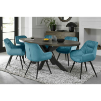 Dark Oak Large 200cm Seater Oval Dining Room Table Set 6 Blue Velvet Fabric Chairs