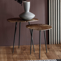 Modern Nest of 2 Tables with Frosted Gold Palm Leaf Top and Black Tripod Legs