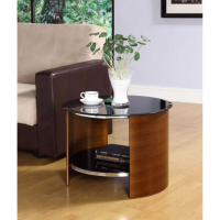 Modern Round Walnut Curved Lamp End Table Black Glass Top and Shelf