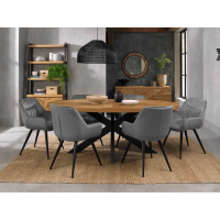 Ellipse Rustic Oak 6 Seater Dining Table And 6 Dali Grey Velvet Fabric Chairs with Sand Black Powder Coated Legs